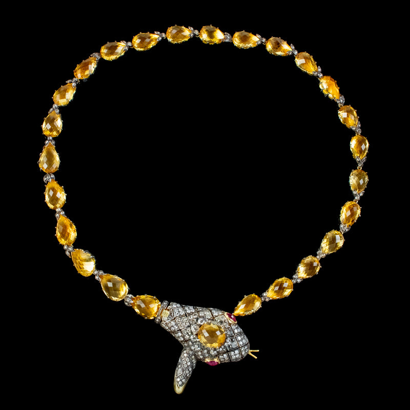 Victorian Style Citrine Diamond Riviere Snake Necklace 156ct Of Citrine