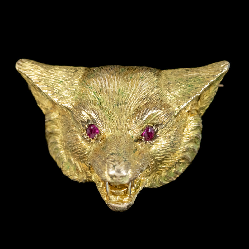 Victorian Style Fox Brooch 9ct Gold Ruby Eyes Dated 1987