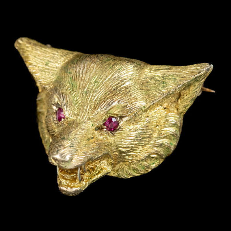Victorian Style Fox Brooch 9ct Gold Ruby Eyes Dated 1987