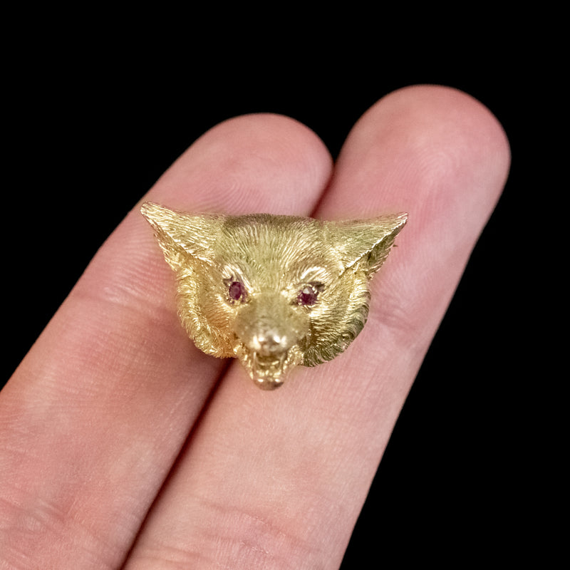 Victorian Style Fox Brooch 9ct Gold Ruby Eyes Dated 1987