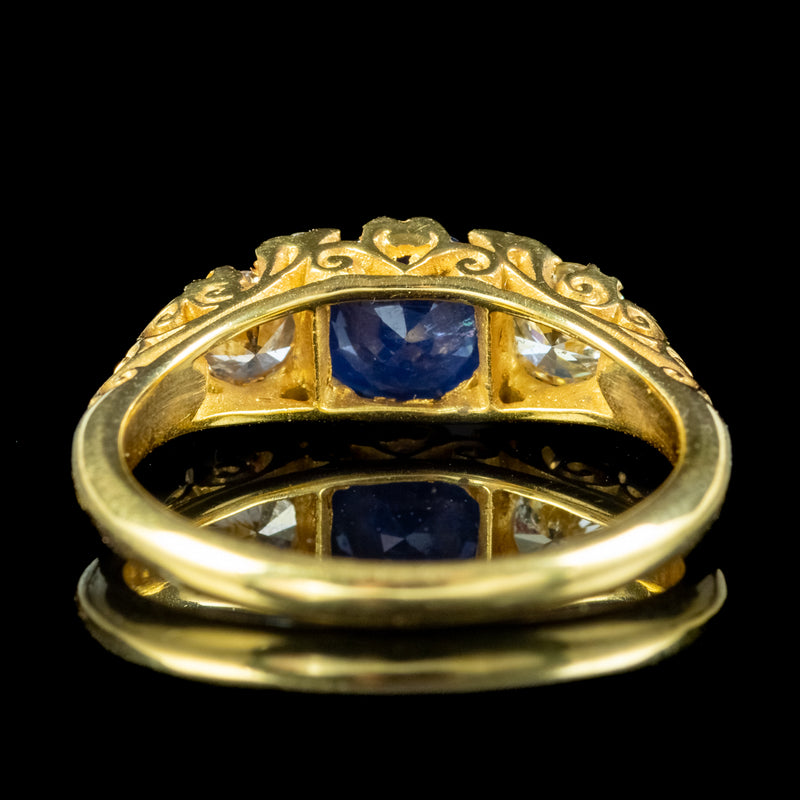 Victorian Style Sapphire Diamond Trilogy Ring 0.80ct Blue Sapphire