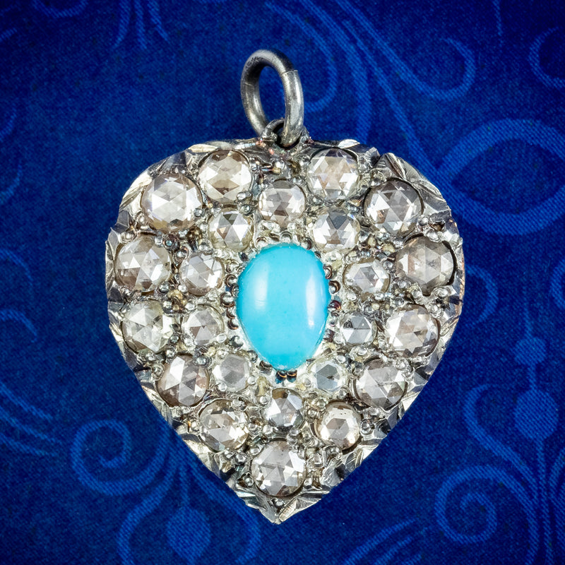 Victorian Style Turquoise Diamond Heart Pendant Silver 18ct Gold