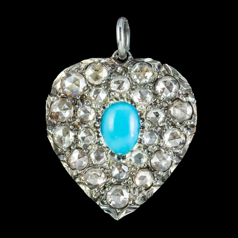 Victorian Style Turquoise Diamond Heart Pendant Silver 18ct Gold