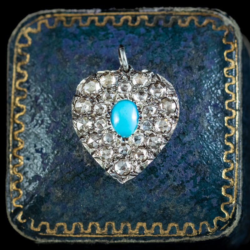 Victorian Style Turquoise Diamond Heart Pendant Silver 18ct Gold