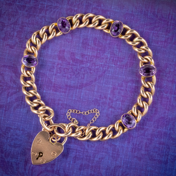 Vintage-Amethyst-Curb-Bracelet-9ct-Gold-Heart-Padlock-7.5ct-Of-Amethyst-COVER