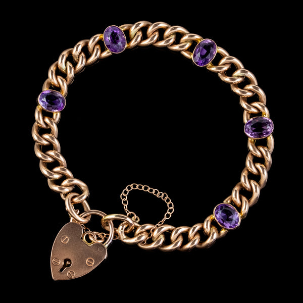 Vintage-Amethyst-Curb-Bracelet-9ct-Gold-Heart-Padlock-7.5ct-Of-Amethyst-FRONT
