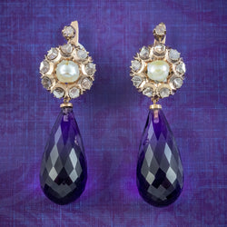 Vintage Amethyst Pearl Diamond Drop Earrings 14ct Gold 