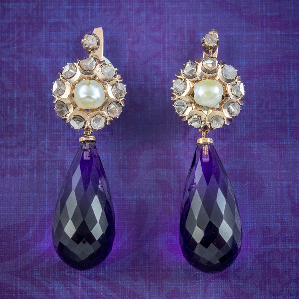 Vintage Amethyst Pearl Diamond Drop Earrings 14ct Gold 