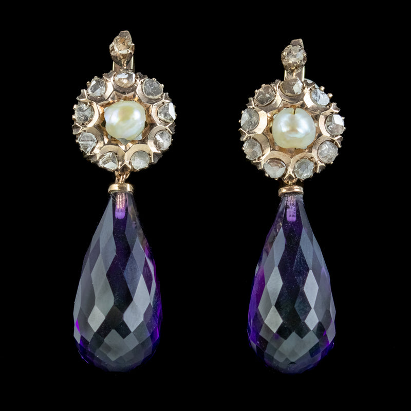 Vintage Amethyst Pearl Diamond Drop Earrings 14ct Gold 