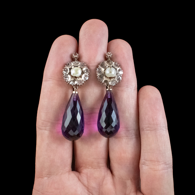 Vintage Amethyst Pearl Diamond Drop Earrings 14ct Gold 