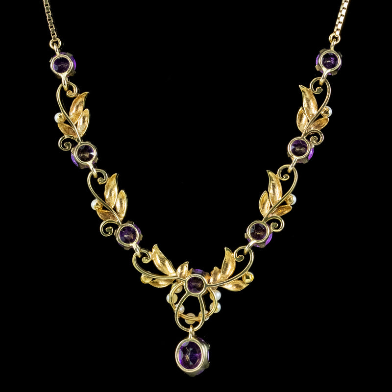 Vintage Amethyst Pearl Lavaliere Necklace 9ct Gold 