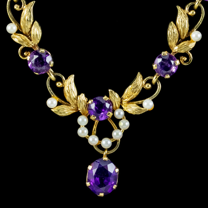 Vintage Amethyst Pearl Lavaliere Necklace 9ct Gold 