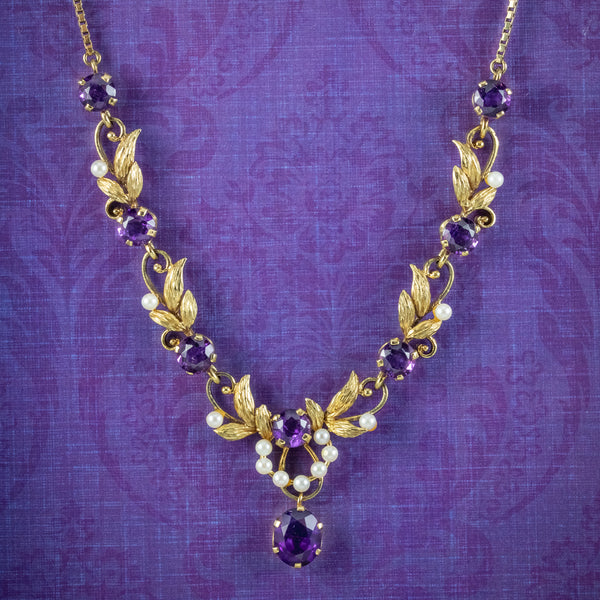 Vintage Amethyst Pearl Lavaliere Necklace 9ct Gold 