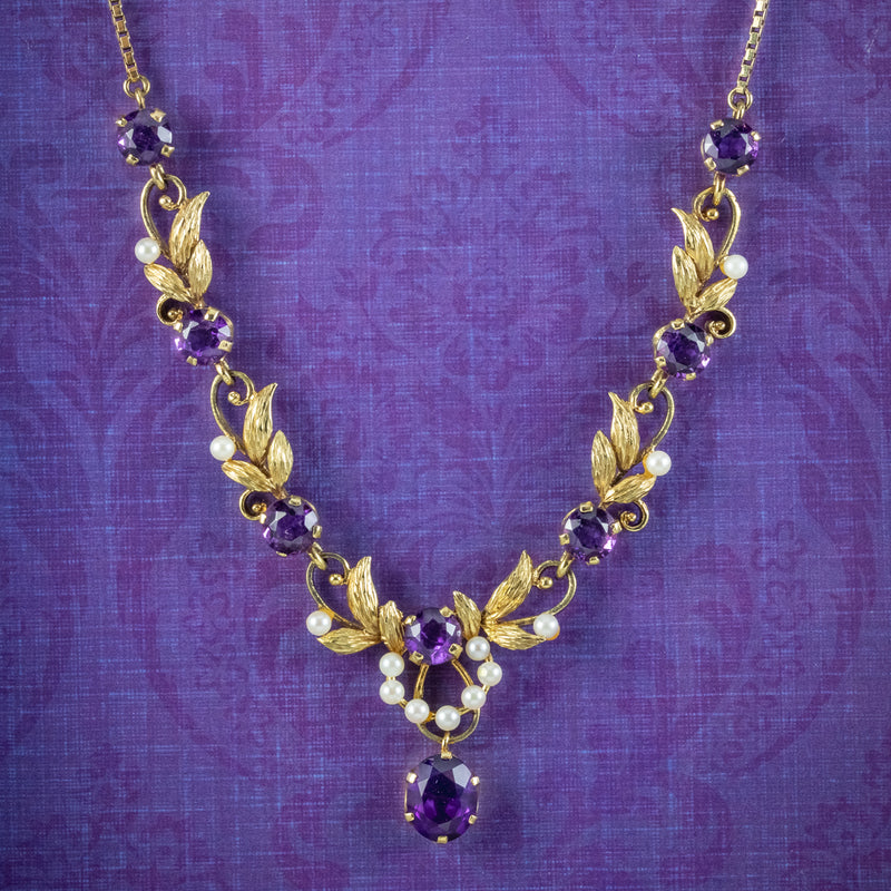 Vintage Amethyst Pearl Lavaliere Necklace 9ct Gold 