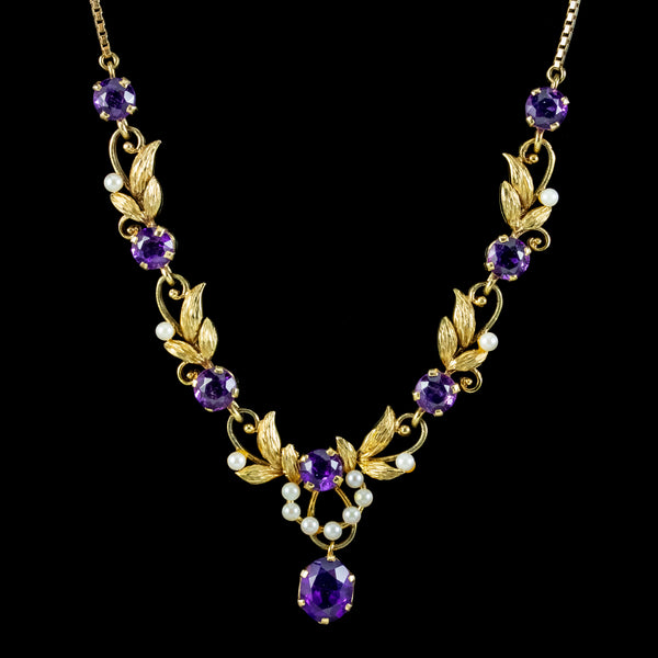 Vintage Amethyst Pearl Lavaliere Necklace 9ct Gold 