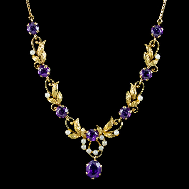 Vintage Amethyst Pearl Lavaliere Necklace 9ct Gold 