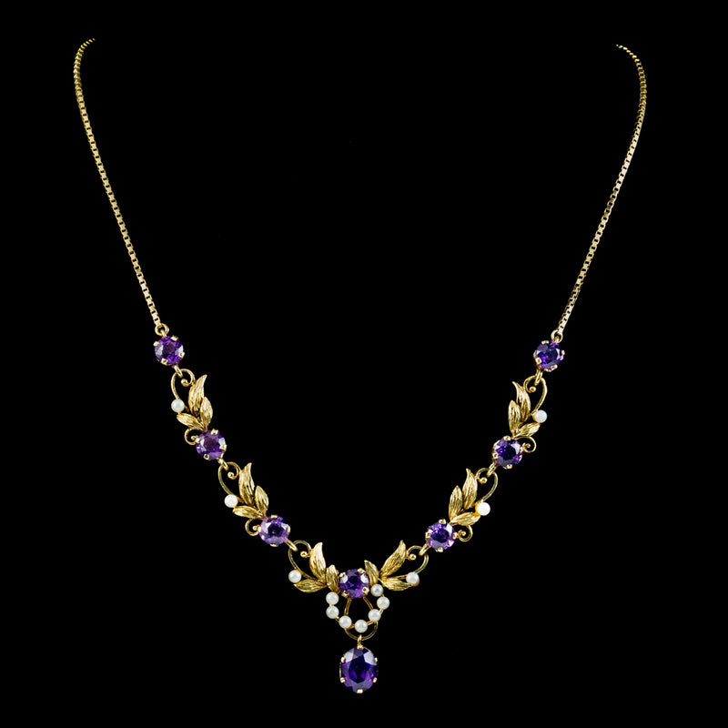 Vintage Amethyst Pearl Lavaliere Necklace 9ct Gold 