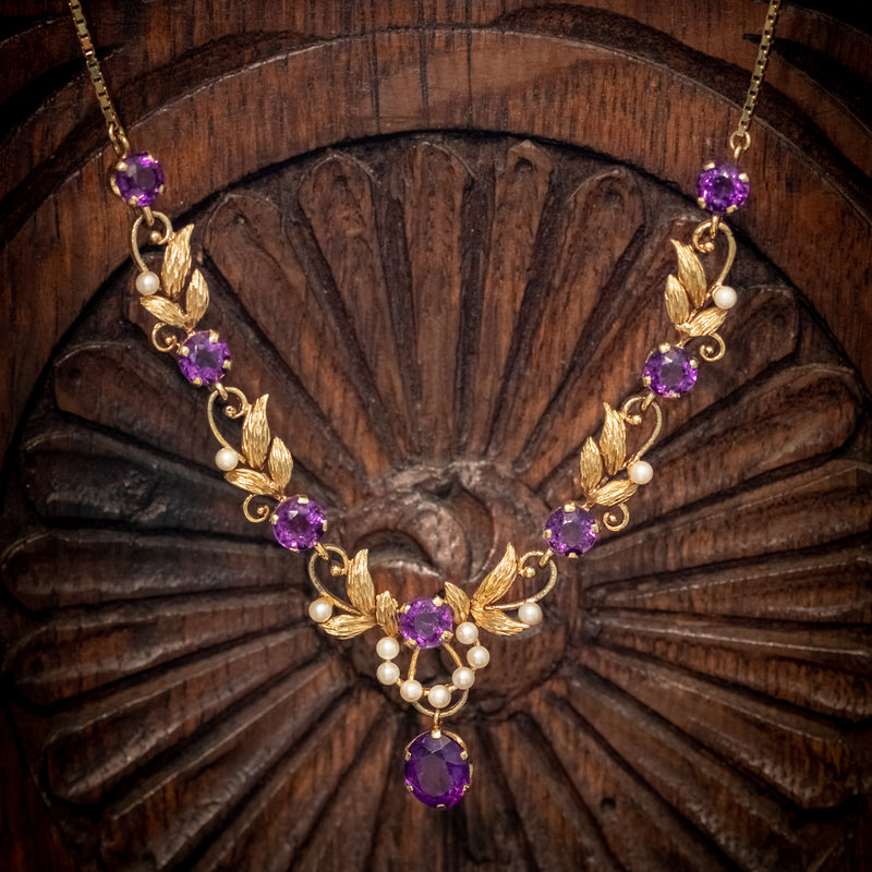 Vintage Amethyst Pearl Lavaliere Necklace 9ct Gold 
