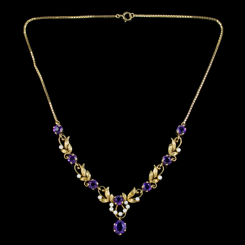 Vintage Amethyst Pearl Lavaliere Necklace 9ct Gold 