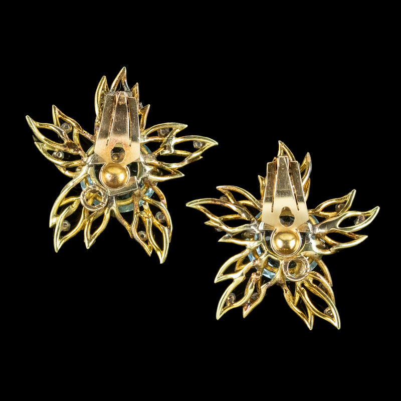 Vintage Aquamarine Diamond Flower Clip Earrings 18ct Gold 10ct Aquas