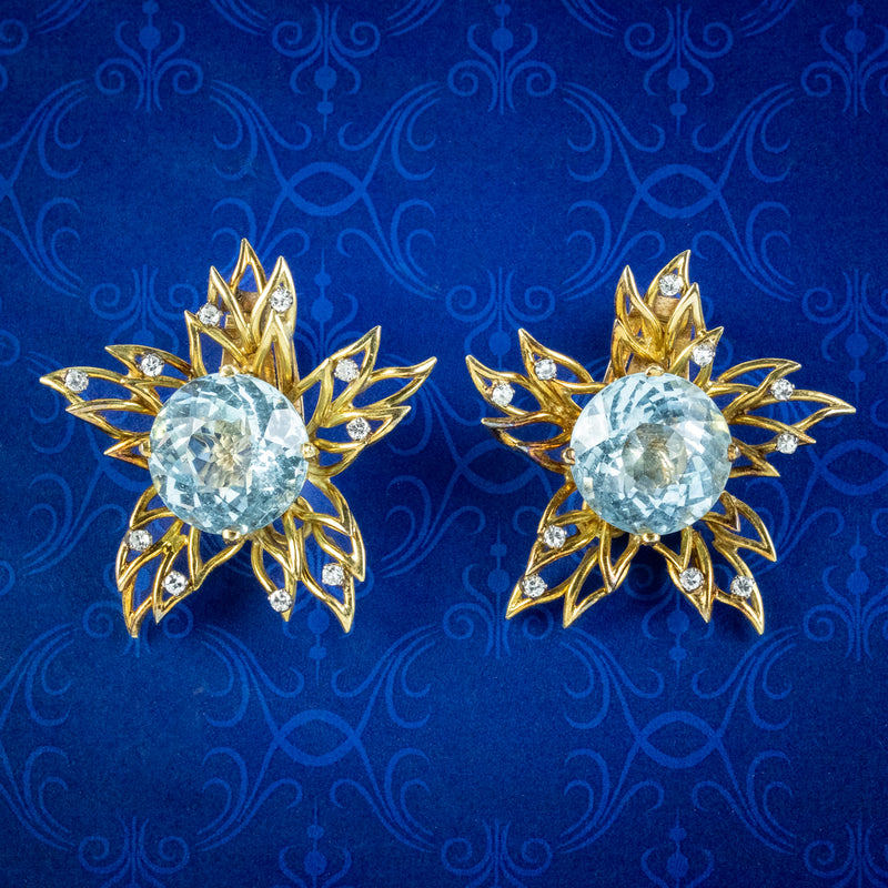 Vintage Aquamarine Diamond Flower Clip Earrings 18ct Gold 10ct Aquas