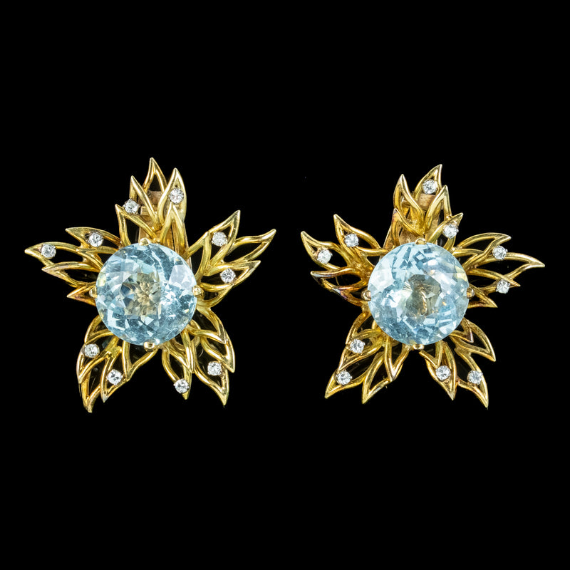 Vintage Aquamarine Diamond Flower Clip Earrings 18ct Gold 10ct Aquas