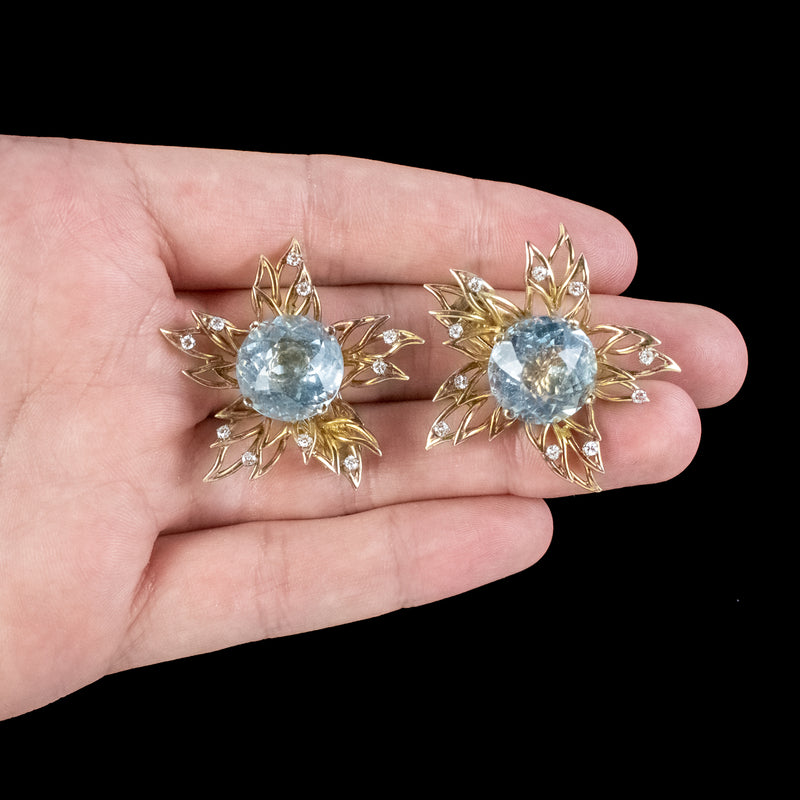 Vintage Aquamarine Diamond Flower Clip Earrings 18ct Gold 10ct Aquas