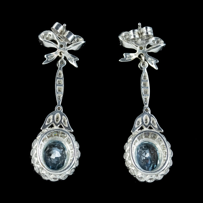 Vintage Aquamarine Diamond Flower Drop Earrings 4ct Of Aqua