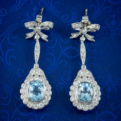 Vintage Aquamarine Diamond Flower Drop Earrings 4ct Of Aqua