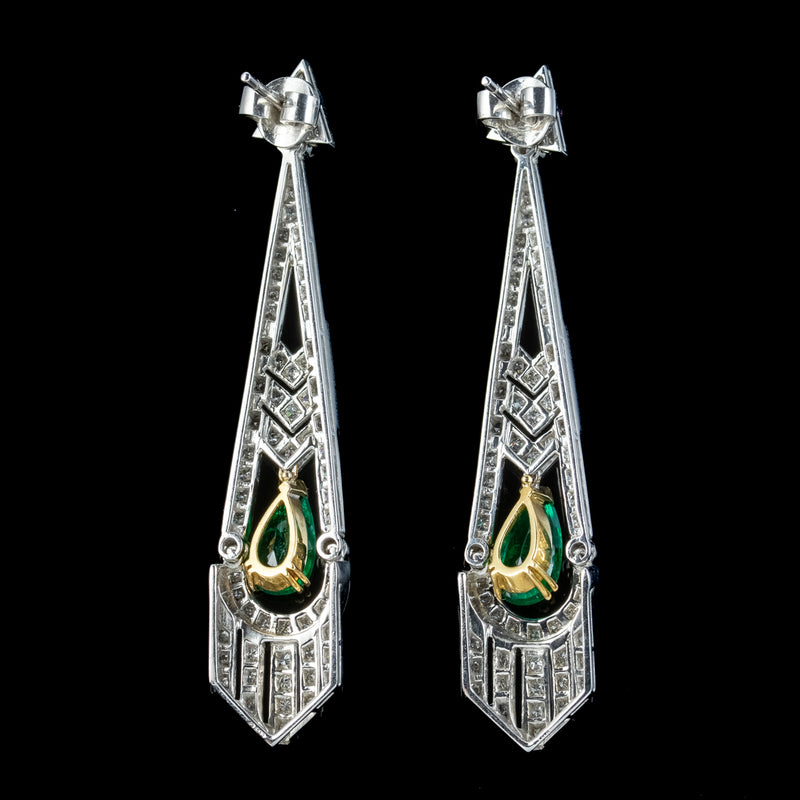 Vintage Art Deco Style Emerald Diamond Drop Earrings 3ct Of Emerald Dated 1989