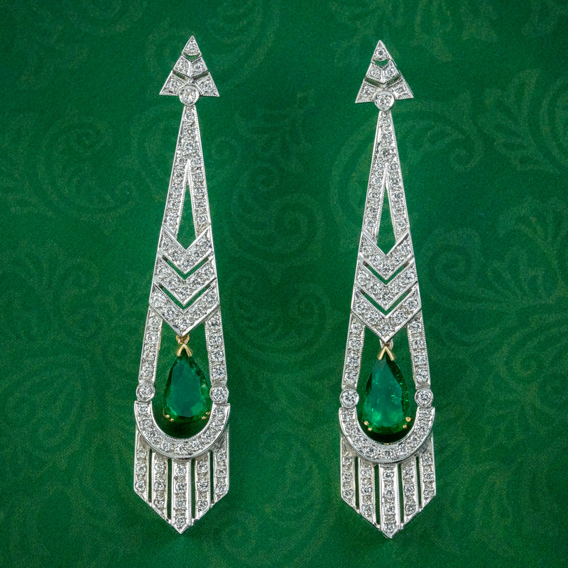 Vintage Art Deco Style Emerald Diamond Drop Earrings 3ct Of Emerald Dated 1989