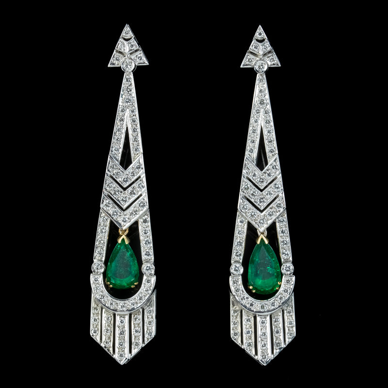 Vintage Art Deco Style Emerald Diamond Drop Earrings 3ct Of Emerald Dated 1989