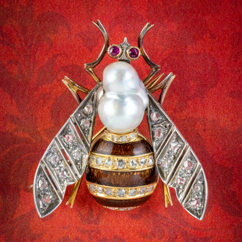 VINTAGE BEE BROOCH DIAMOND PEARL RUBY 18CT GOLD SILVER ENAMEL CIRCA 1930