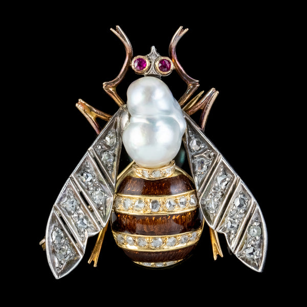 Vintage Bee Brooch Diamond Pearl Ruby 18ct Gold Silver Enamel Circa 1930