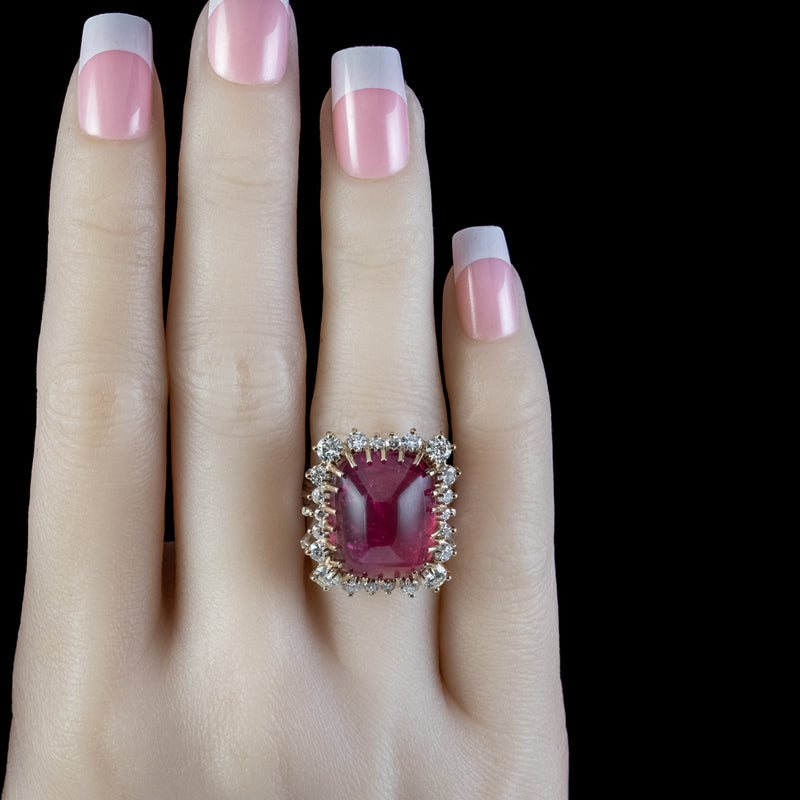 Vintage Cabochon Tourmaline Diamond Cocktail Ring 17ct Tourmaline 