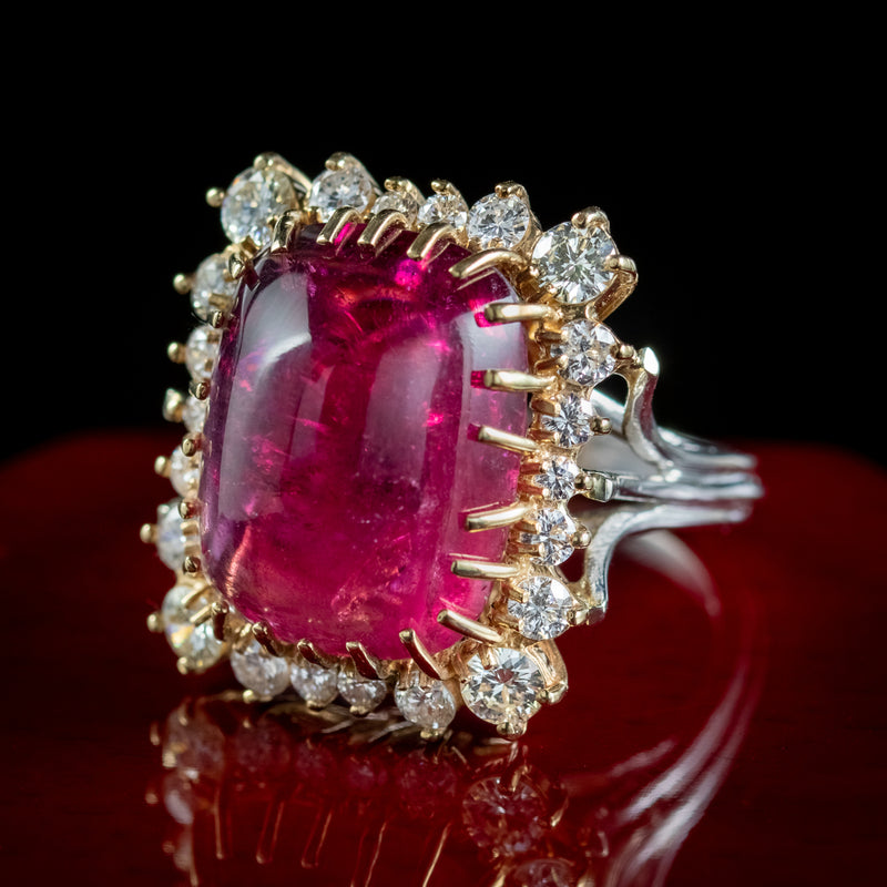 Vintage Cabochon Tourmaline Diamond Cocktail Ring 17ct Tourmaline 