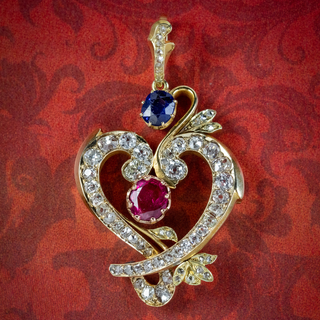 Vintage Diamond Ruby Sapphire Heart Pendant 18Ct Gold Antique Jewellery Online