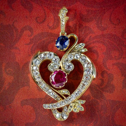 Vintage Diamond Ruby Sapphire Heart Pendant 18ct Gold
