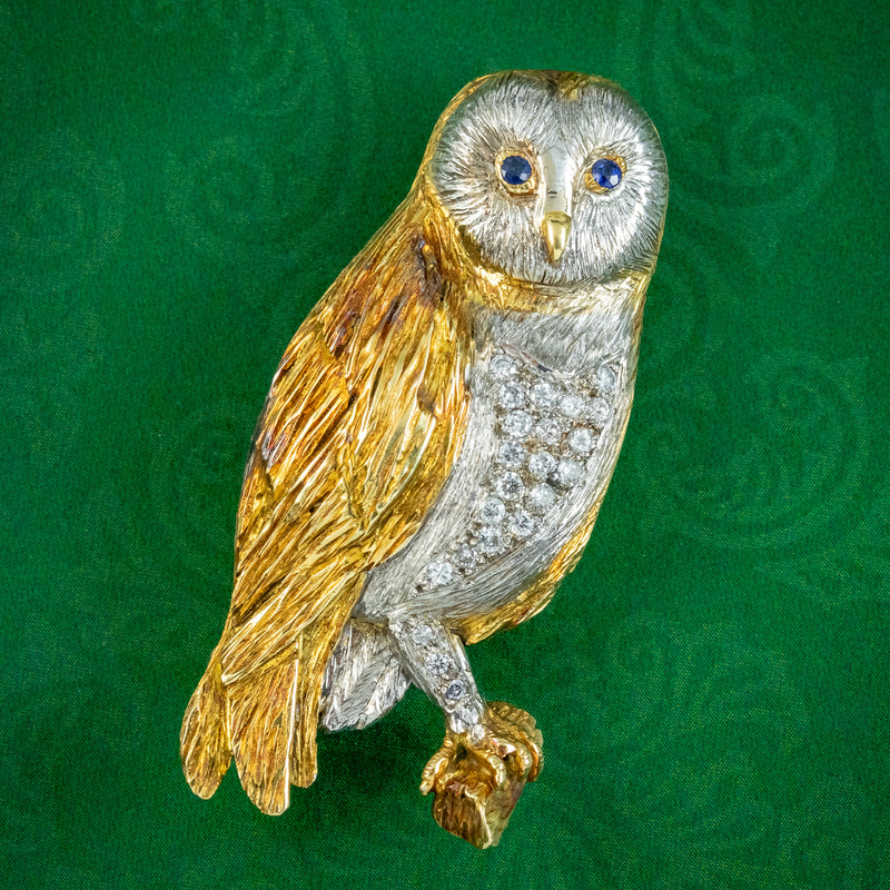 Vintage Diamond Sapphire Barn Owl Brooch 18ct Gold 