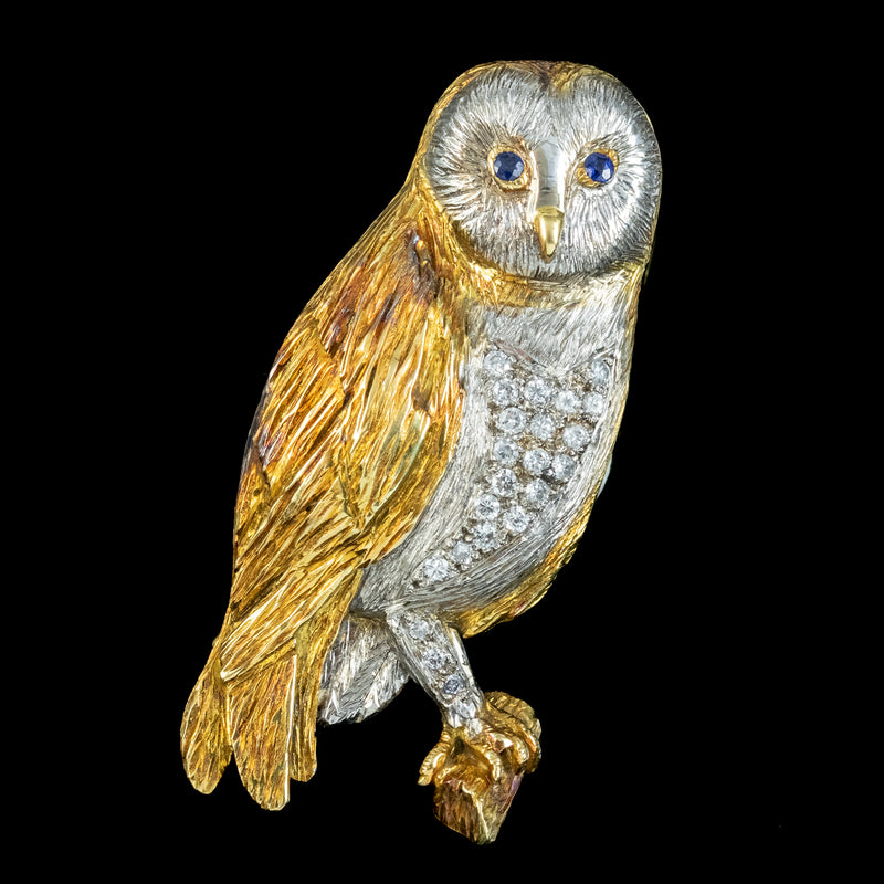 Vintage Diamond Sapphire Barn Owl Brooch 18ct Gold 