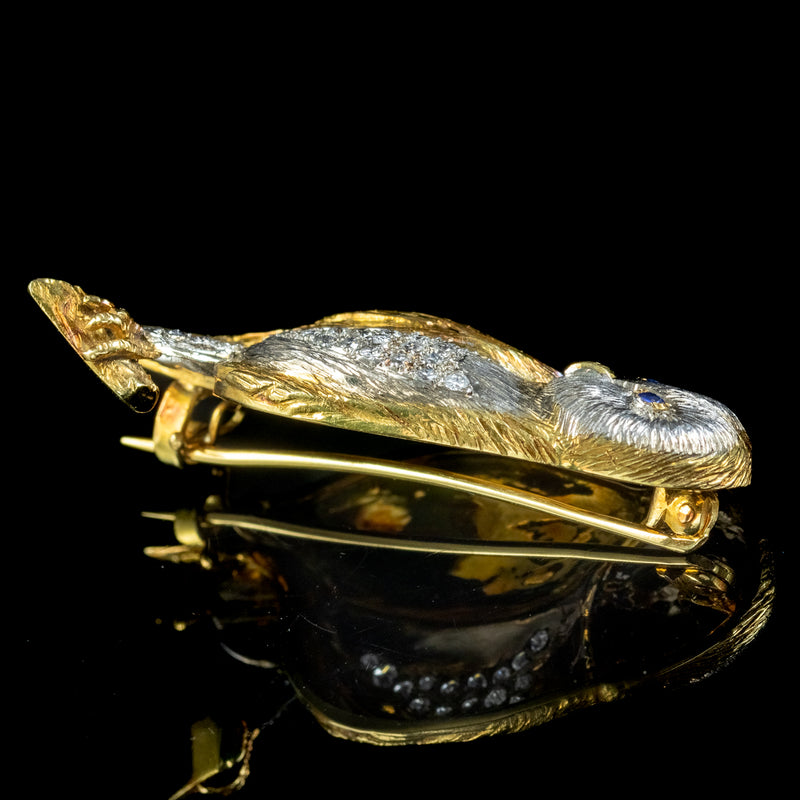 Vintage Diamond Sapphire Barn Owl Brooch 18ct Gold 