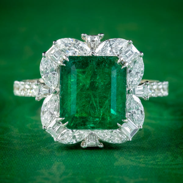 Vintage Emerald Diamond Cluster Ring 3.11ct Natural Brazilian Emerald With Cert