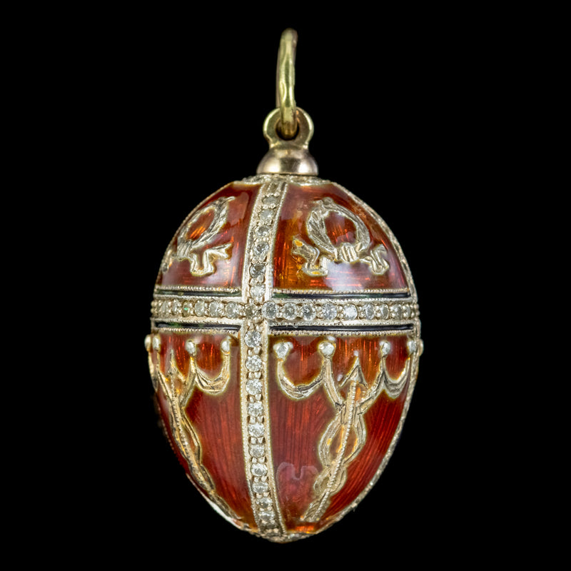 Vintage Enamel Diamond Egg Pendant 14ct Gold Circa 1930