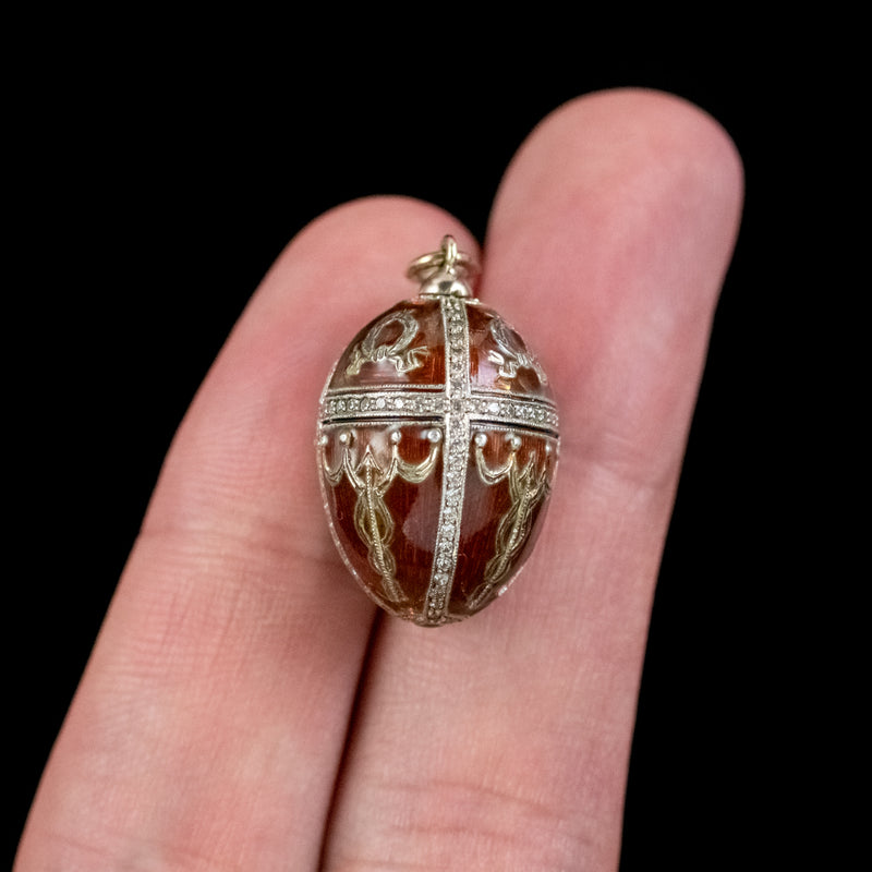 Vintage Enamel Diamond Egg Pendant 14ct Gold Circa 1930