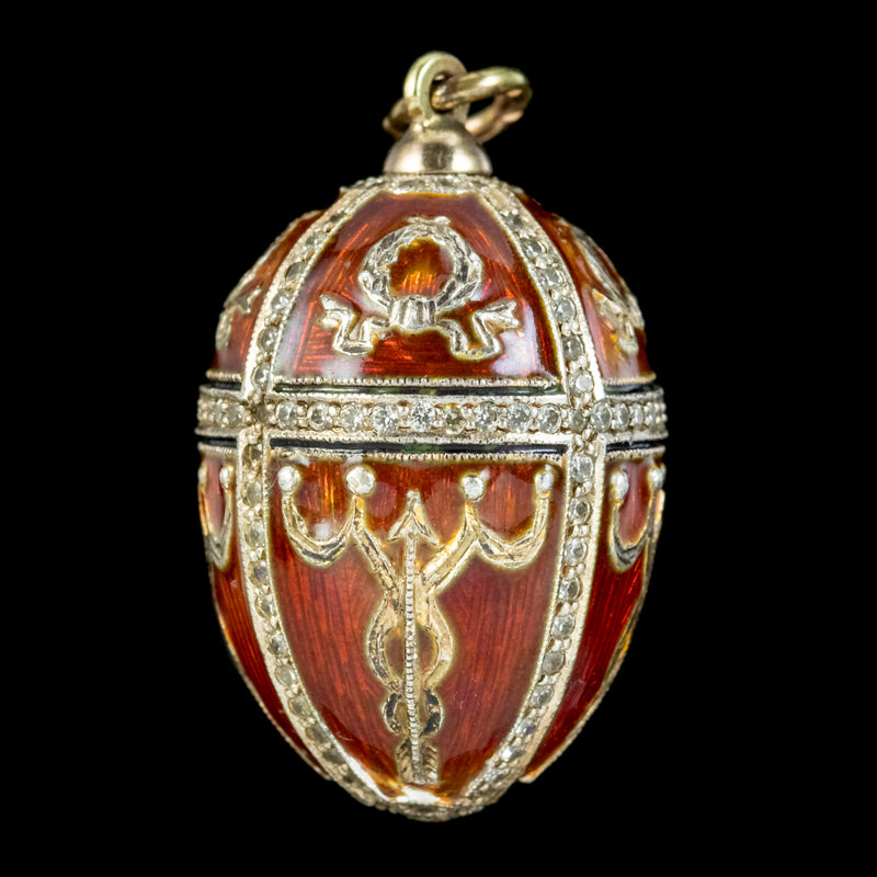 Vintage Enamel Diamond Egg Pendant 14ct Gold Circa 1930
