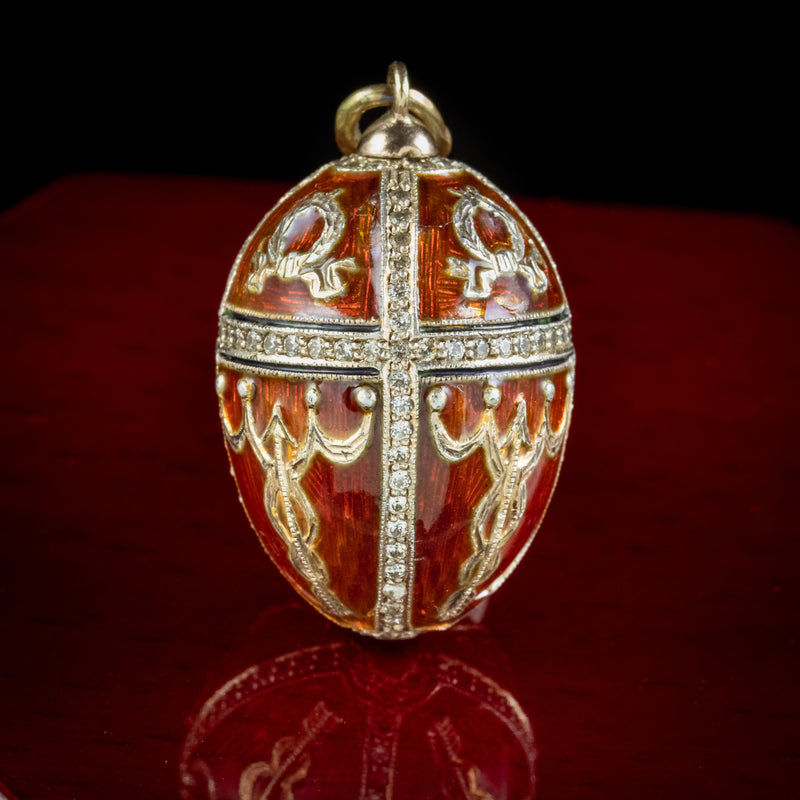 Vintage Enamel Diamond Egg Pendant 14ct Gold Circa 1930