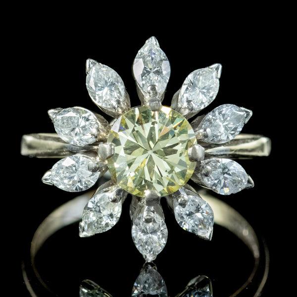 Vintage Fancy Yellow Diamond Flower Ring 3.27ct Of Diamond With Cert