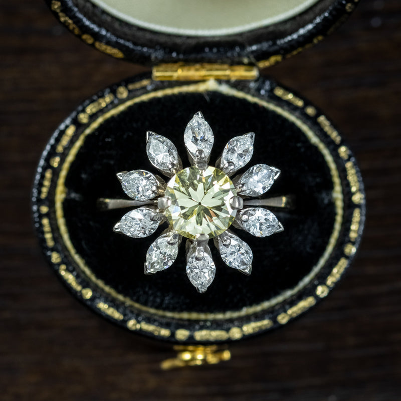Vintage Fancy Yellow Diamond Flower Ring 3.27ct Of Diamond With Cert