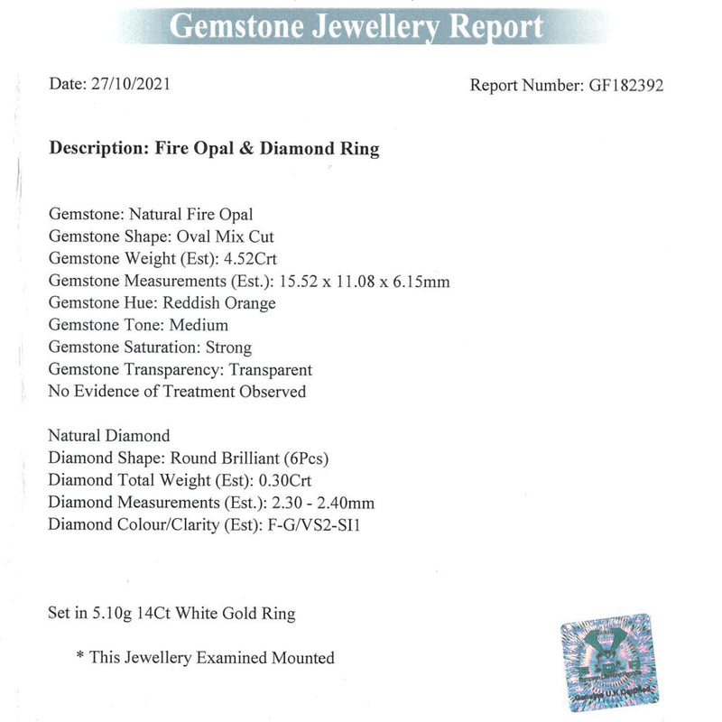 Vintage Fire Opal Diamond Ring 4.52ct Natural Opal With Cert