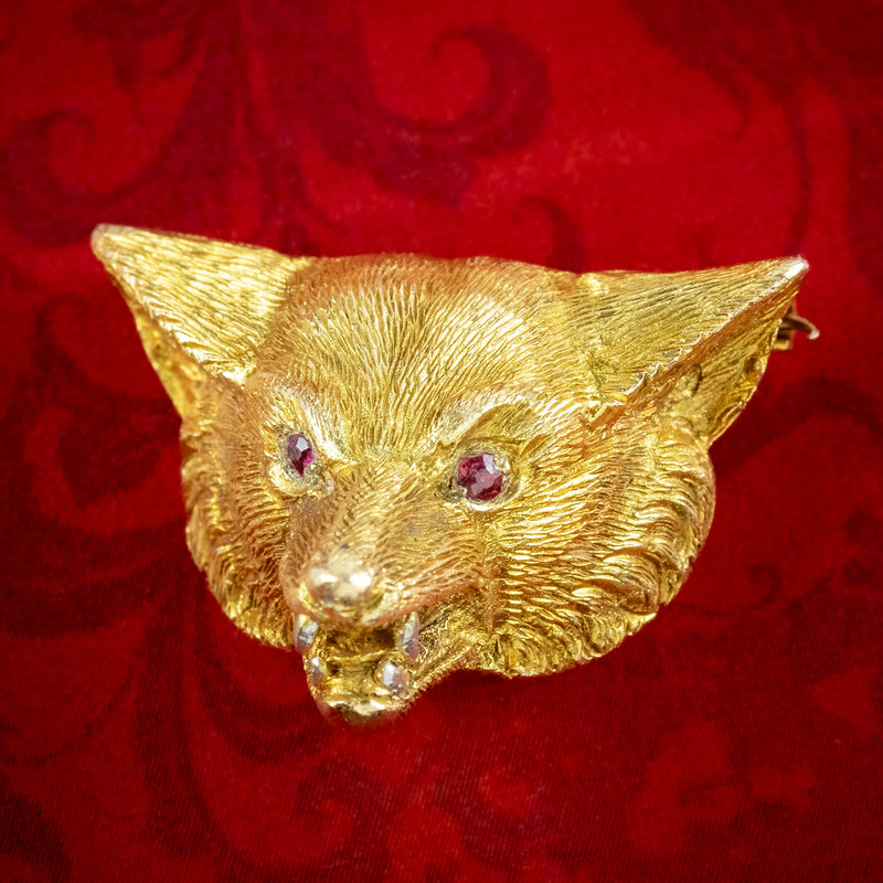 Vintage Fox Brooch 9ct Gold Ruby Eyes Alasbaster And Wilson